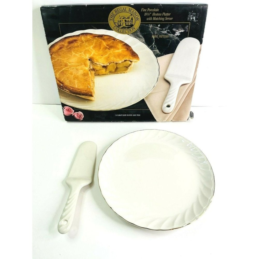 Pie Plate and Server Vintage 1989 Hostess Regal Manor 10" Porcelain 24k Trim